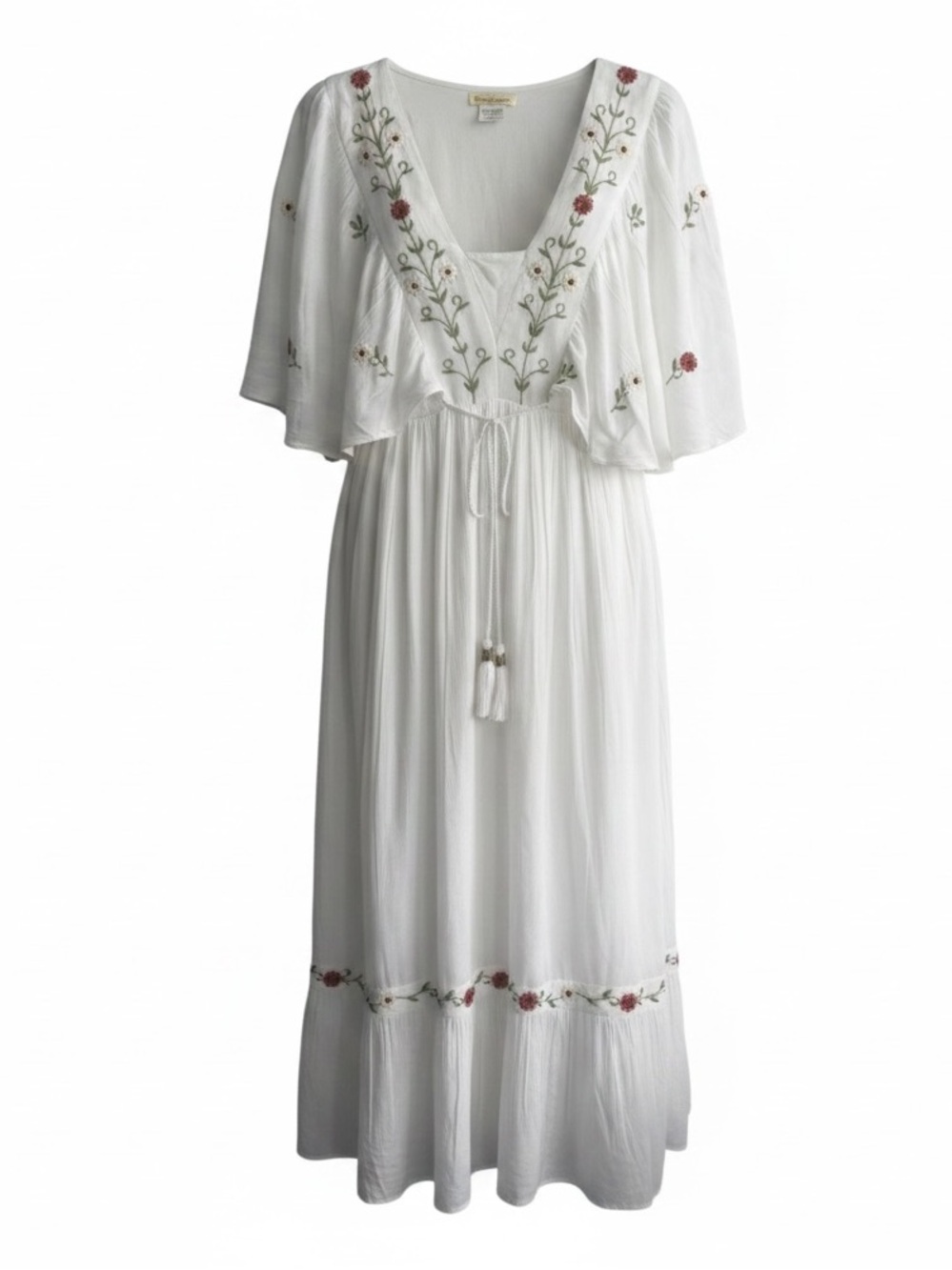 Sweet Magnolia Embroidered Maxi Dress White Floral Flutter Sleeve size large